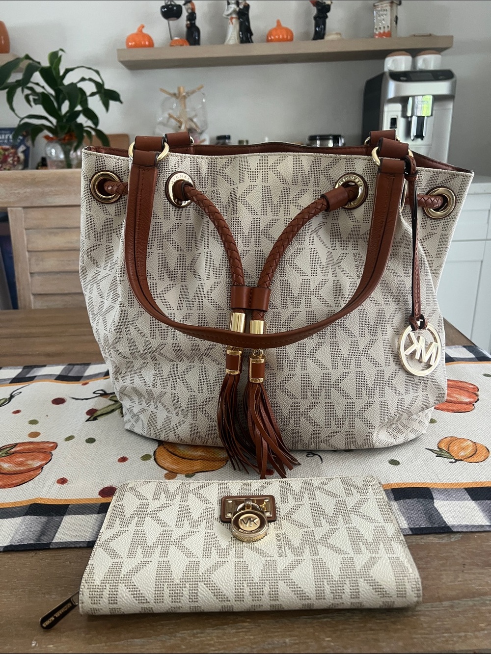 Michael Kors Beige MK Logo Shoulder Bag with Brown Trim and Tassel